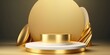 © The 2R Artificiality - With an empty product pedestal and a gold premium podium stage backdrop, a luxury presentation Elegant advertising concept and sale mockup studio showcase with a golden scene or blank display stand