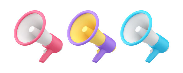 Poster - Megaphone loud speaking voice broadcasting marketing sale announce 3d icon set realistic vector