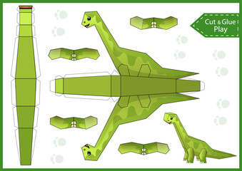 Sticker - Kids craft template. Create to cut and glue a paper 3d dinosaur. DIY papercraft cutout puzzle toys. Activity worksheet for children. Vector printable education game. Birthday decor. 