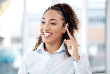 Happy, Deaf And Black Woman With Cochlear Implant In Office For Communication, Translation And Speech On Blurred Background. Disability, Hearing And Female Employee For Sign Language, Hand Or Gesture