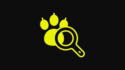 Sticker - Yellow Paw search icon isolated on black background. Magnifying glass with animal footprints. 4K Video motion graphic animation