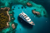 Fototapeta  - Aerial view of luxury yacht anchored in tropical island created with generative AI