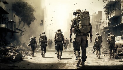 Group of soldiers walking in destroyed city, at war. Generative AI illustration.