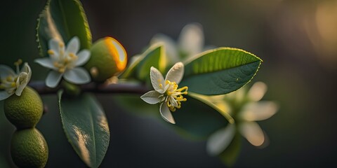 Poster - Beautiful lemon blooms blooming on plant in garden with selective focus and blurred background. Lemon blooms captured in macro with bokeh. Lemon blooms up close. Generative AI