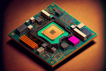 Poster - CPU chip isometric view. Generative Ai