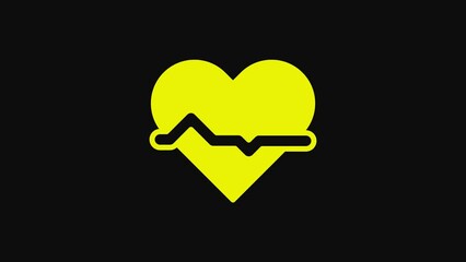 Sticker - Yellow Heart rate icon isolated on black background. Heartbeat sign. Heart pulse icon. Cardiogram icon. 4K Video motion graphic animation