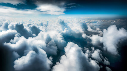 Wall Mural - flying above beautiful blue cloudscape, detailed aerial view from airplane, camera moving to clouds,