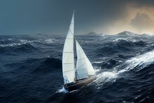 Sailboat On The Sea With Storm And Big Waves. Generative AI