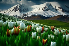 Bed Of Tulips Overseeing A Snowy Mountain