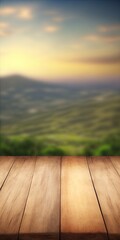 Sticker - Wooden table top on blur mountain and grass field background in morning or evening atmosphere.For montage product display or design key visual layout.view of copy space. Generative AI