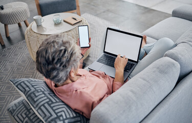 Poster - Woman, phone and laptop with mockup media on sofa, screen and living room connection for social networking. Female, home and mock up technology space for digital download, online contact and search