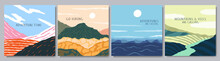 Vector Illustration. Hand Drawn Contemporary Landscape Collection. Hills, Forest And Mountains, Seascape, Fields And River. Design Elements For Web Banner, Blog Post, Web Template. Sunny Weather