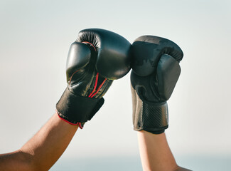 Canvas Print - Boxer, boxing gloves and friends fist bump in celebration, collaboration and teamwork in combat sports outdoors. Fighter, hands and people training together as workout, exercise and fitness