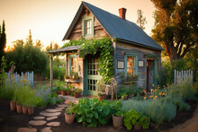 A Cozy Cottage Made Entirely From Reclaimed Materials, Surrounded By A Thriving Vegetable Garden - Generative AI