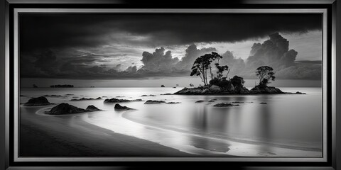 Poster - Beautiful early morning on the Jubakar beach in Tumpat Kelantan, Malaysia is captured in this black and white fine art image. natural framing with a long exposure. Generative AI