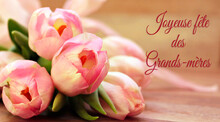 Carte Ou Bandeau Pour Souhaiter Une Joyeuse Fête Des Grands-mères En Rose Sur Un Fond Beige En Effet Bokeh Et à Côté Un Bouquet De Fleurs Rose Des Tulipes