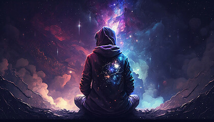 Wall Mural - meditation young man spirit silhouette on galaxy space background, new quality colorful spiritual st