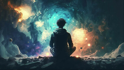 Wall Mural - meditation young man spirit silhouette on galaxy space background, new quality colorful spiritual st