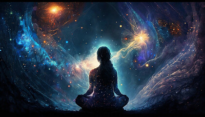 universe meta human goddess spirit silhouette on galaxy space background, new quality colorful spiri