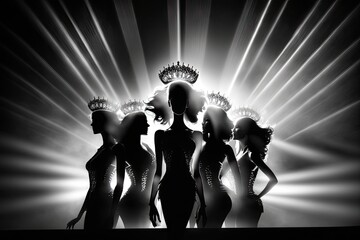 Concept every Girls Dream to be Miss beauty pageant queen Universe contest. Women warships raise Diamond Silver Crown as Final winner on stage, studio lighting with backlit light flare silhouette