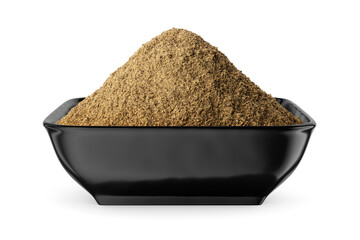 Wall Mural - Ground black pepper in black bowl isolated on white. Front view.