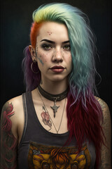 Portrait of a beauty alternative punk girl with colored dyed hair and tattoos. Black background. Modern punk style. generative AI.