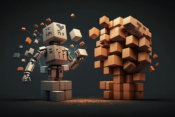 Sticker - Human vs Robots concept. Technological revolution. Unemployment in the digital world. Symbol of future cooperation, technology advance, innovation. Businessman flips wood cubes human to robot symbols