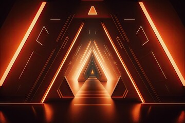 Poster - Sci Fi Futuristic Dark Neon Orange White LED Spotlight Glowing Triangle Modern Spaceship on a Cyber Stage Featured Products in the Tunnel Corridor Showroom Motion picture illustration. Generative AI