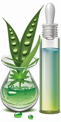 Wall Mural - Face aloe gel drop in a glass petri dish, retinol or moisturizing serum bottle dropper, essential oil, and herbal extract. cosmetic items. Cosmetic science dermatology lab. Generative AI