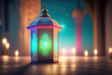 Wall Mural - Original traditional ornate oriental lantern with beautiful bokeh of holiday lights in the background. AI generated.