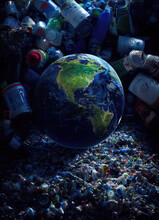 Erdkugel Auf Müllberg. Planet Erde Im Abfall. Plastikmüll Und Erde. Ki Generiert