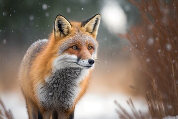 Wall Mural - Red Fox (Vulpes vulpes), standing straight up, making direct eye contact, with some snow on its face and background trees in bokeh. Generative AI