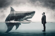 Brave Businessman versus shark. Face to face. Generative AI