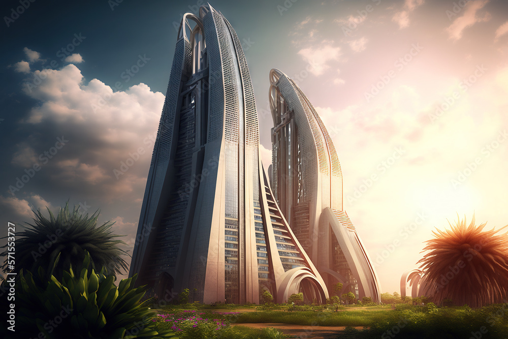 Futuristic skyscraper with vertical forest and green plants in the city ...