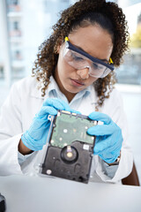Leinwandbilder - Computer hardware, inspection and black woman electrician with electronic cpu, circuit and microchip. Technology maintenance, programming and female technician fix coding, motherboard and processor
