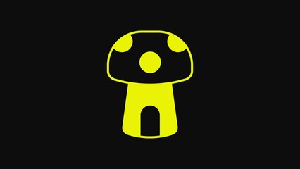 Poster - Yellow Fantasy mushroom house icon isolated on black background. Fairytale house. 4K Video motion graphic animation