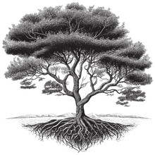 Hand Drawn Engraving Pen And Ink Tree With Roots Vintage Vector Illustration