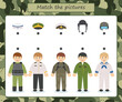 Game for kids. Profession card. Set  of people in different military uniforms. Military educational activity. Find a match pichture.  Preschool worksheet activity for children. Vector illustration