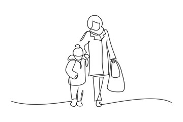 Wall Mural - Mom walking together with her young kid. Continuous line art drawing style. Mother and child walking to kindergarten hand holding. Black linear sketch isolated on white background. Vector illustration