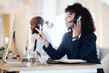 Poster - Crm, black woman and conversation of a call center, contact us and telemarketing employee. Business worker, web help and computer communication of an online consulting agent doing customer service