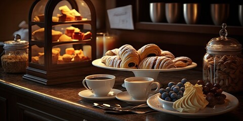 Products from a bakery, including sweet croissants and pastries, are displayed on a table for breakfast. Hotel cuisine. Generative AI