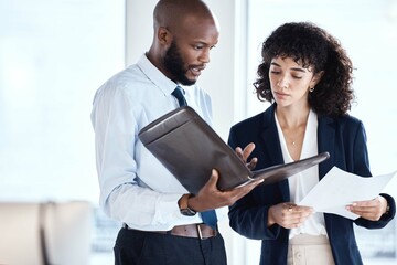 Poster - Financial portfolio, team collaboration or business people review documents, stock market feedback or investment. African economy, trading account manager or administration teamwork on finance budget