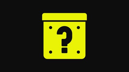 Wall Mural - Yellow Mystery box or random loot box for games icon isolated on black background. Question mark. Unknown surprise box. 4K Video motion graphic animation