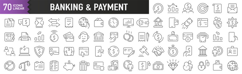 Poster - Banking and payment black linear icons. Collection of 70 icons in black. Big set of linear icons