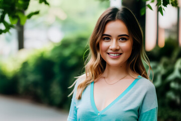 Girl with natural smile in blue turquoise top t-shirt. Green blurry background. Generative AI