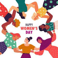 Wall Mural - Happy Women's Day banner concept. Vector cartoon illustration of young happy women of different ethnicity and nationalities hugging each other in a circle. Isolated on white