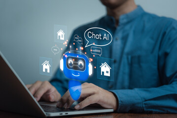 Wall Mural - Chatbot conversation Ai Artificial Intelligence technology online. Chat boss AI analysis Find information and answer questions about the real estate sales program. robot application, OpenAI generate.