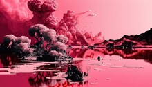 Surealistic Pink Landscape With Lake, Hills And Sky
