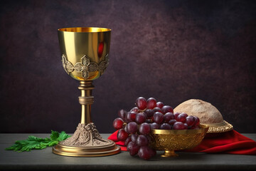 Holy communion picture showing a golden chalice with grapes and bread. Generative Ai.