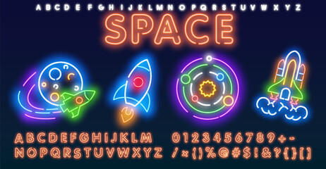 Set of neon rocket or spaceship icons isolated on black. Travel or science exploration concept. Start up new business project vector illustration